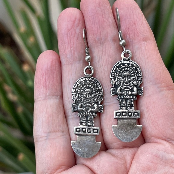 Mayan Aztec solid sterling silver drop earrings - Picture 3 of 8